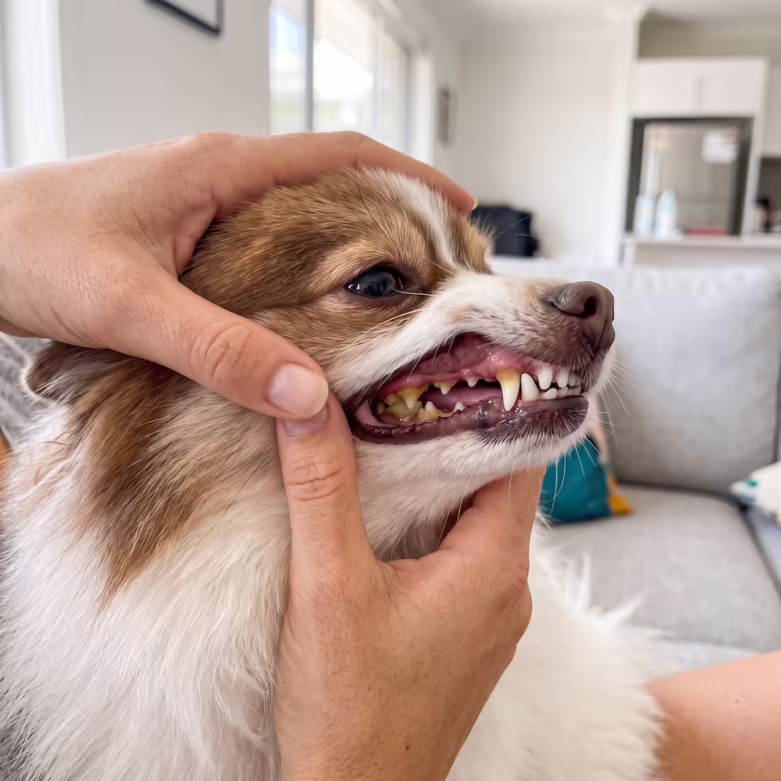 An owner lifts her dog's lip to show yellow-brown buildup on the back teeth