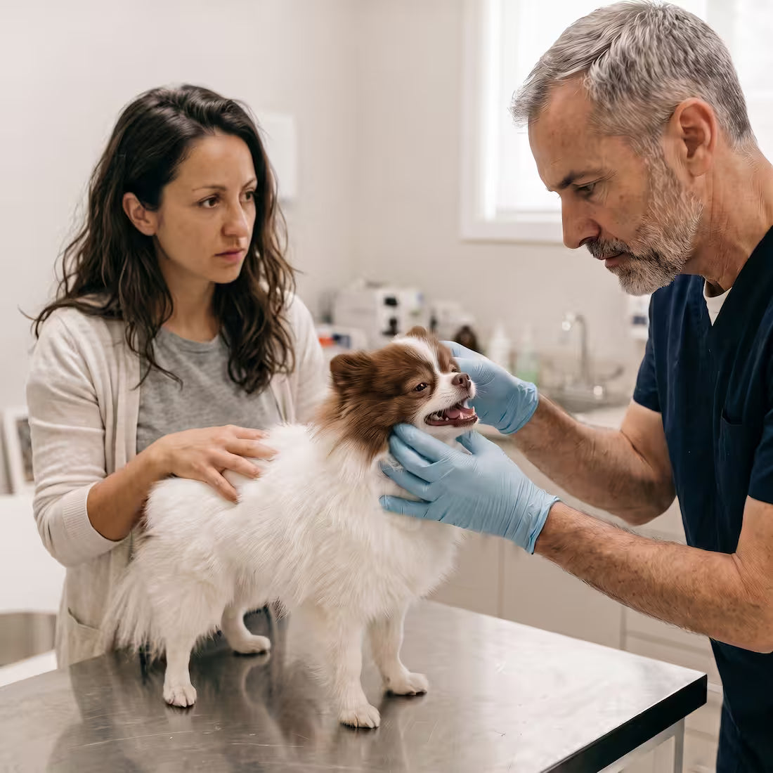 A vet checks a Pomeranian's teeth while the owner watches