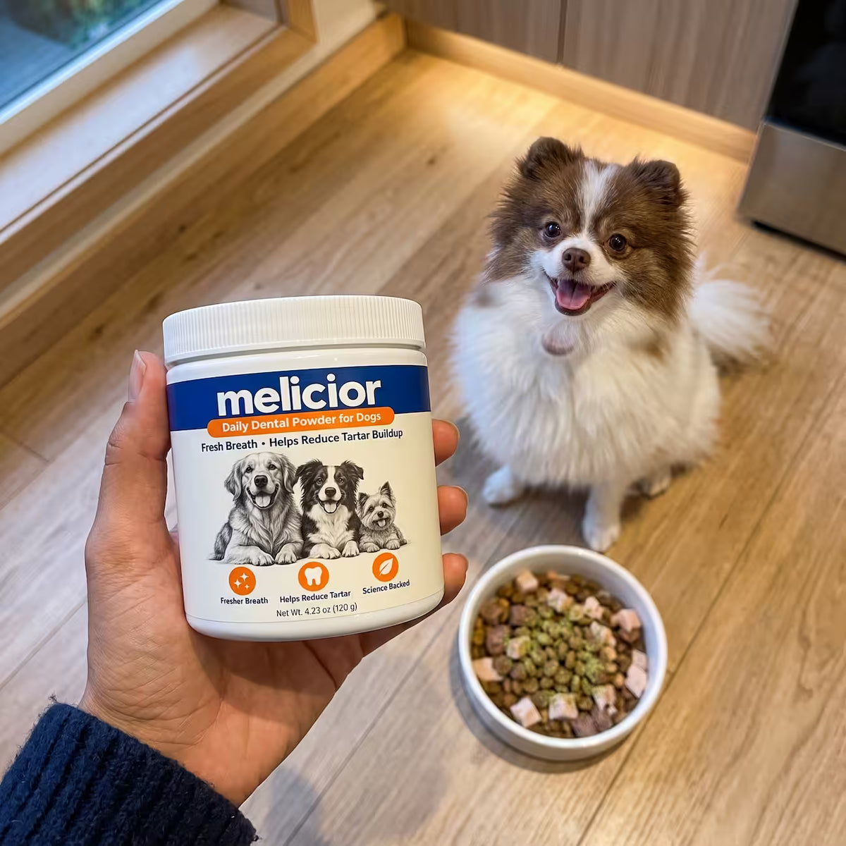A hand holds a jar of Melicior dental powder above a dog waiting by his dinner bowl