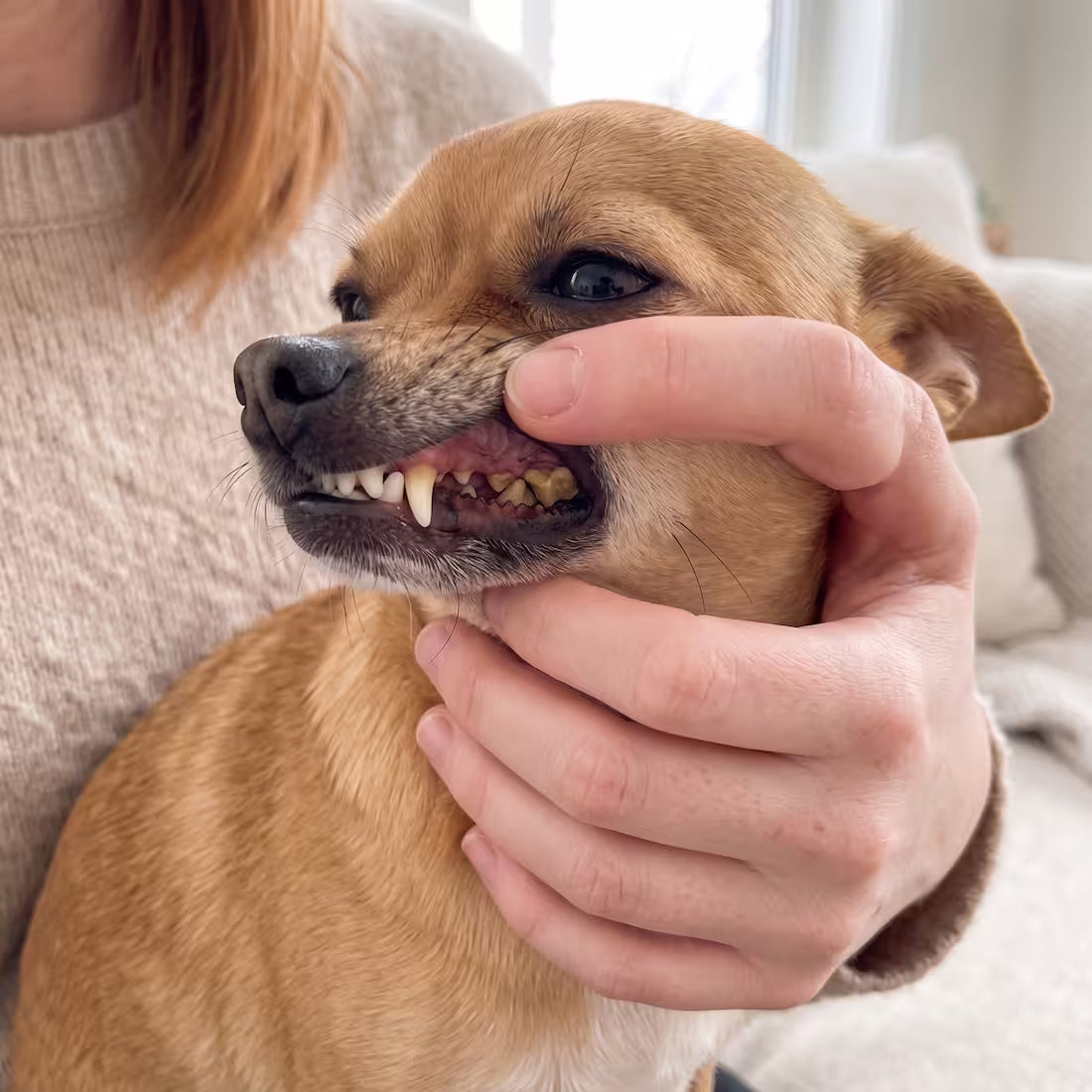 An owner lifts her Chihuahua's lip to show yellow-brown buildup on the back teeth