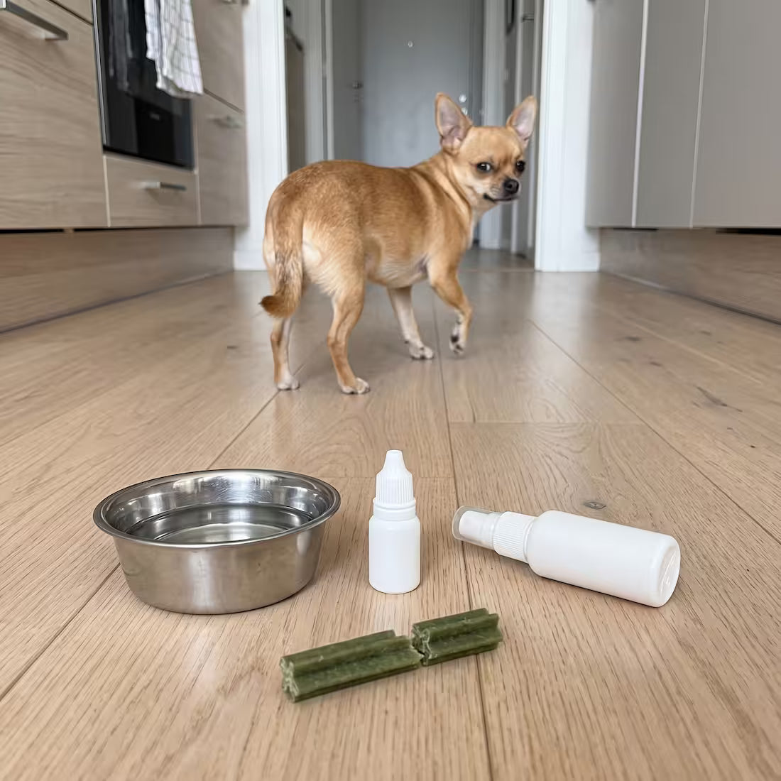 A Chihuahua walks away from a water bowl, dental drops, a spray and a broken dental chew