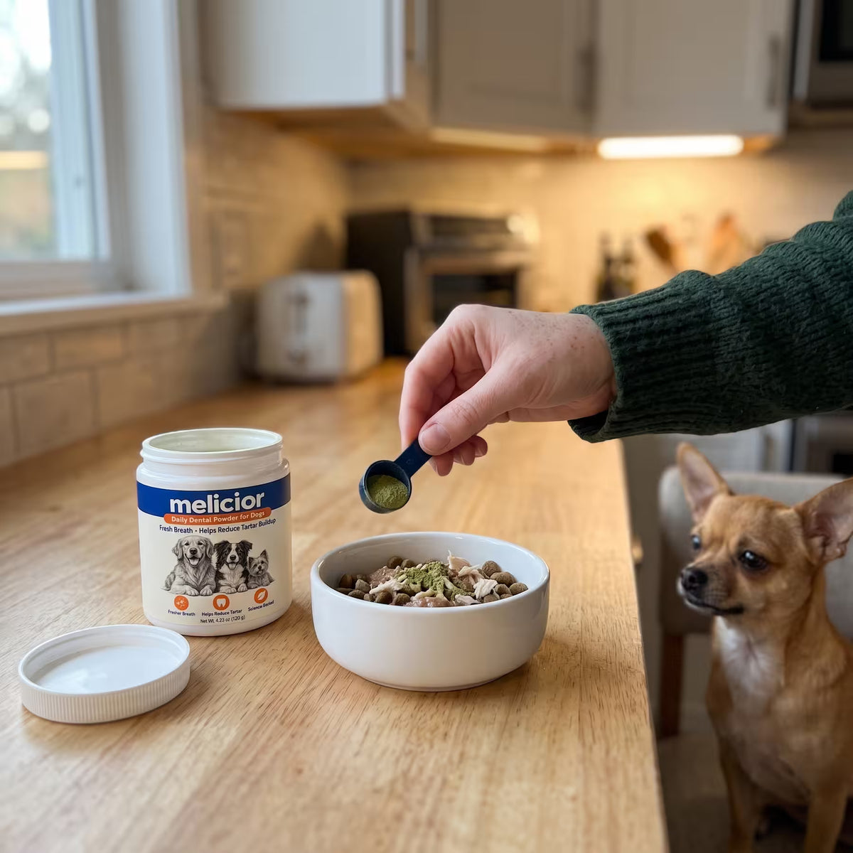 A hand sprinkles a scoop of Melicior dental powder over a dog's dinner as the Chihuahua watches