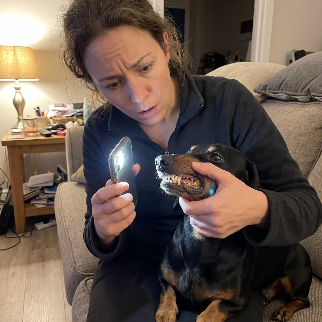 A woman shines her phone flashlight into her dachshund's mouth and finds brown back teeth