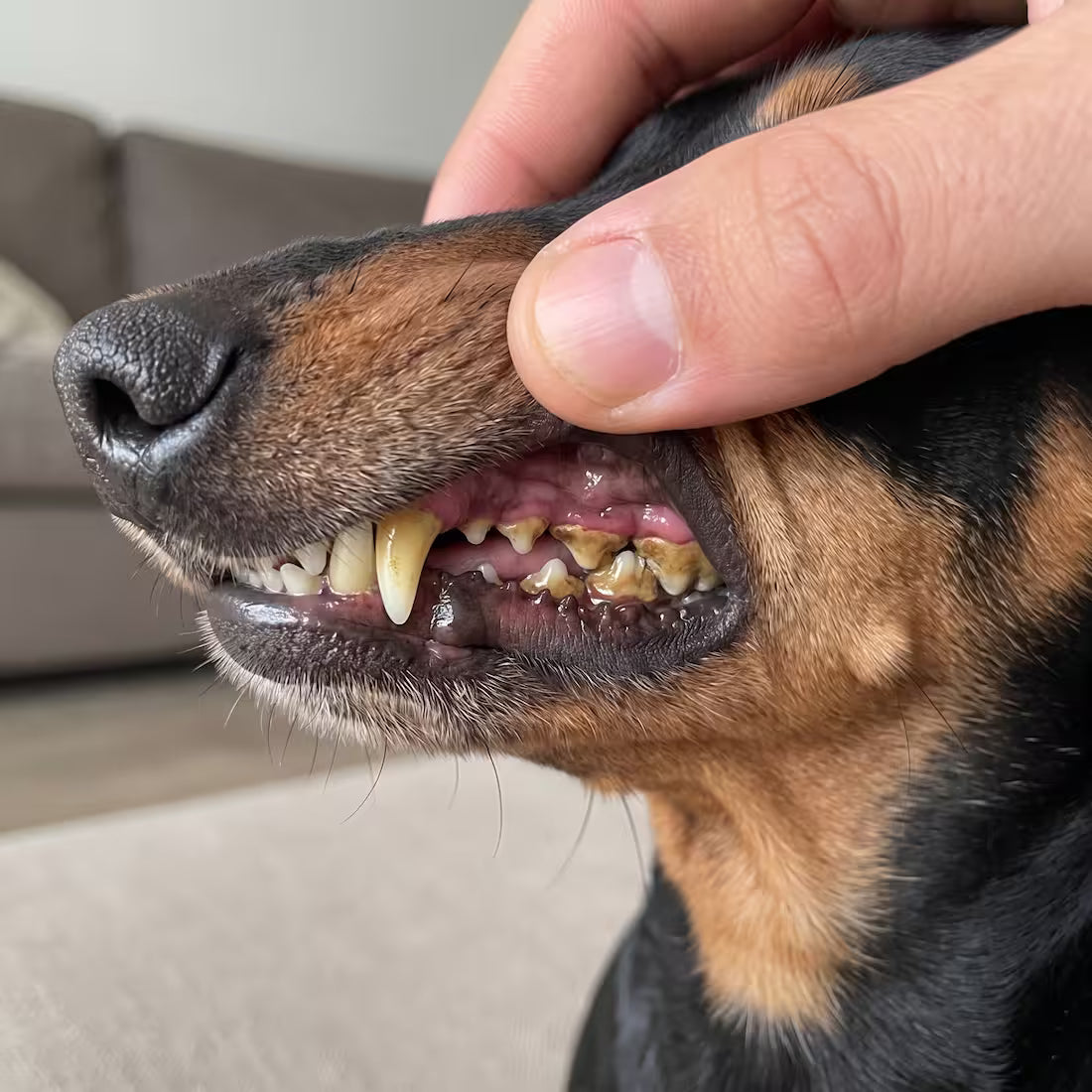 A dog's lip lifted to show brown tartar and red gums along the back teeth
